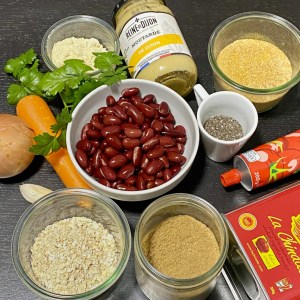 Ingrédients du burger vegan au steak de haricots rouges